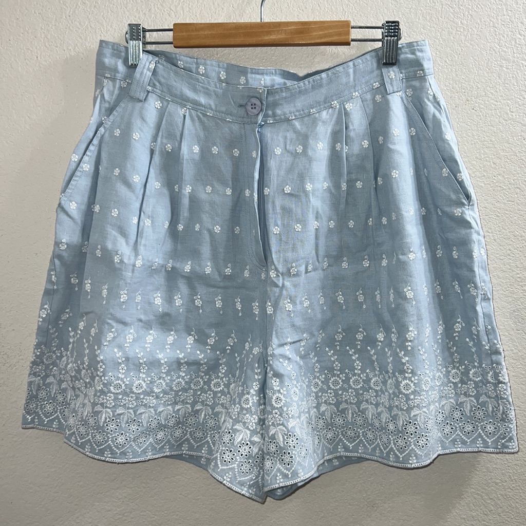 By Timo High Rise Embroidered Shorts Light Blue/White Sz L Nwot